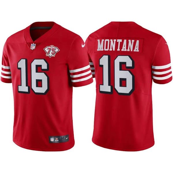 Men San Francisco 49ers #16 Joe Montana Red Nike 75th Anniversary Throwback Limited Jersey